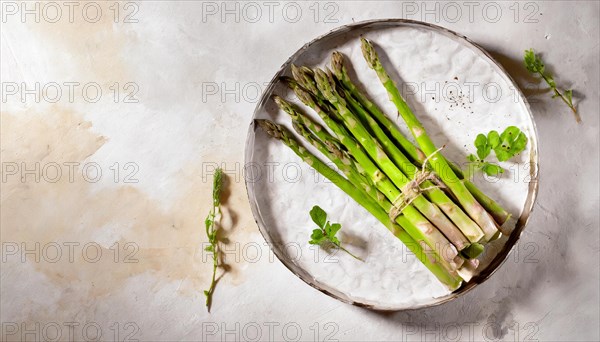 A plate of fresh asparagus next to green leaves, illuminated from the side, AI generated, AI generated