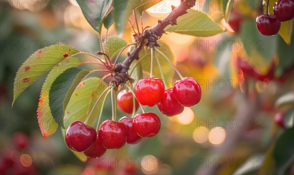 Ripe cherries peeking out from the branches of a cherry blossom tree AI generated