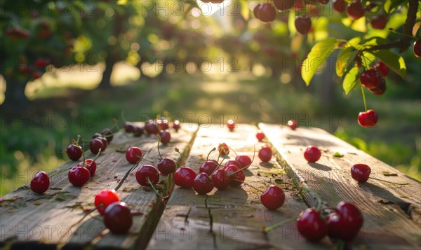Ripe cherries scattered on a wooden picnic table in the dappled sunlight of a cherry orchard AI generated