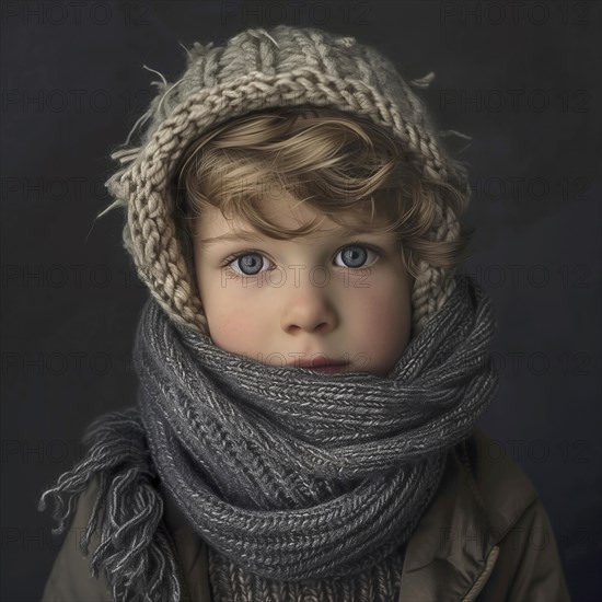 Portrait of a child in thick winter clothing with captivating blue eyes, AI generated