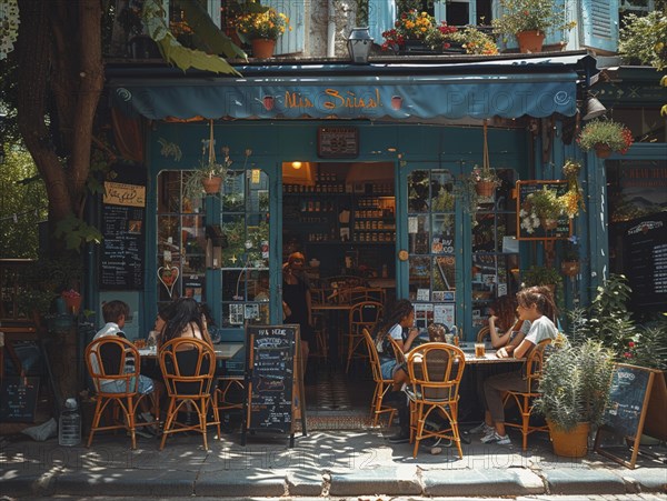 Lebendige Cafeterrasse in Paris, Menschen beim Gespraech und Geniessen der Stadt, Lifestyle in Paris, Frankreich, AI generiert, AI generated