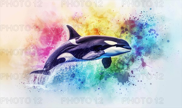 A watercolor depiction of an orca whale breaching the surface against a backdrop of vibrant ocean hues AI generated