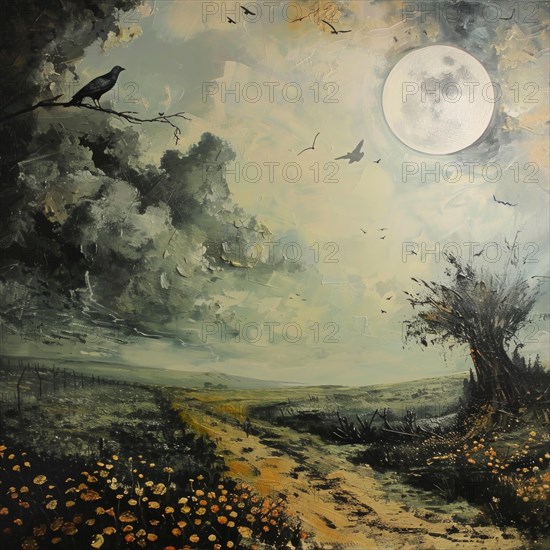 Watercolor illustration with full moon and gloomy meadow AI generated