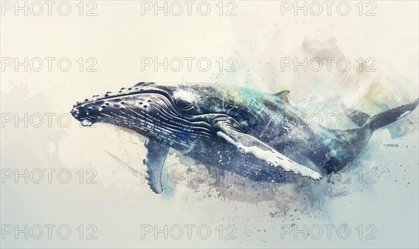 Watercolor illustration of a humpback whale in the ocean AI generated