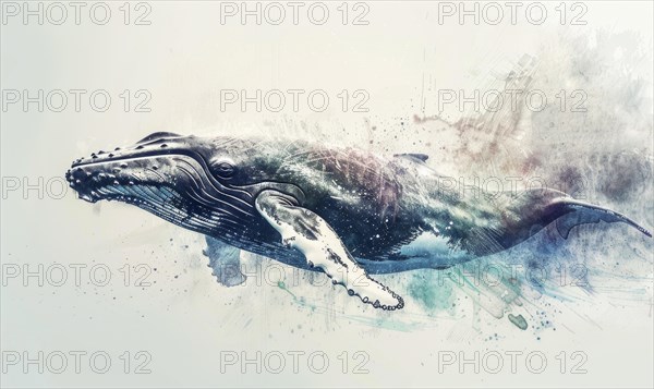 Watercolor illustration of a humpback whale in the ocean AI generated