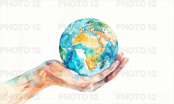 Watercolor illustration of a hand holding a globe Earth, white background AI generated