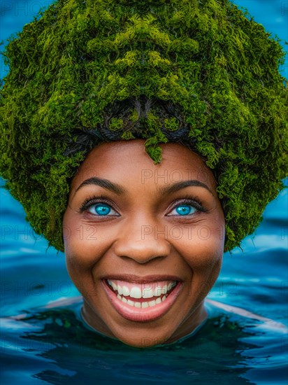 Woman emerging from blue ocean waters, refreshing smile with green foliage hat, moss growing and thriving, creating a mystical and enchanting effect, earth day concept, AI generated