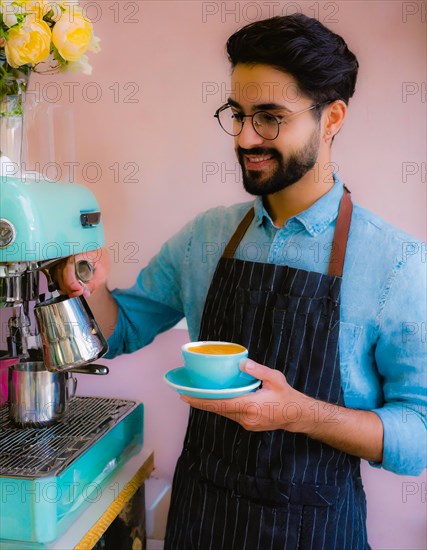 A man with glasses smiling contentedly as he prepares coffee with a pastel-colored espresso machine, Vertical aspect ratio, AI generated