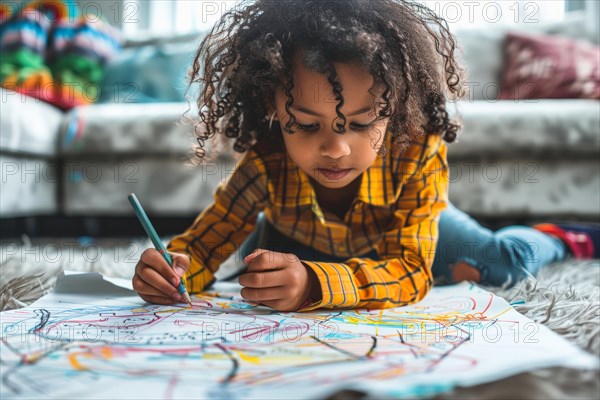 A preschool child lies on the floor and draws a picture with coloured pencils, AI generated, AI generated, AI generated
