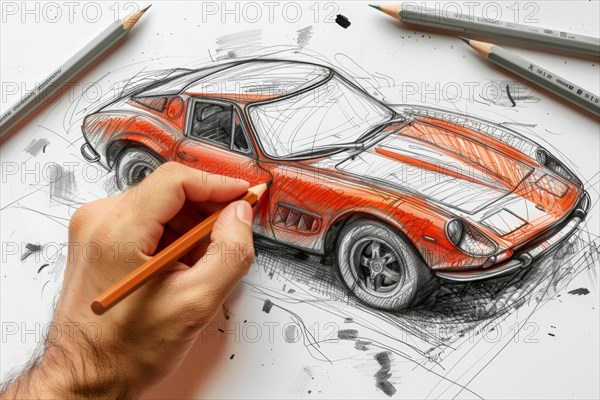 A designer in the field of automotive design, industrial design sketches a sports car from the 1960s by hand with a pencil, AI generated, AI generated, AI generated