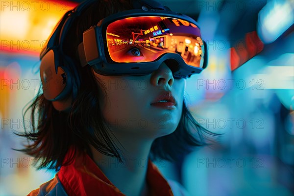 Child in awe while wearing a VR headset with neon light reflections, AI generated