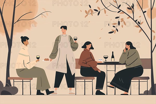 Relaxed outdoor scene with friends engaged in conversation, depicted in a tranquil, simple illustration style, illustration, AI generated
