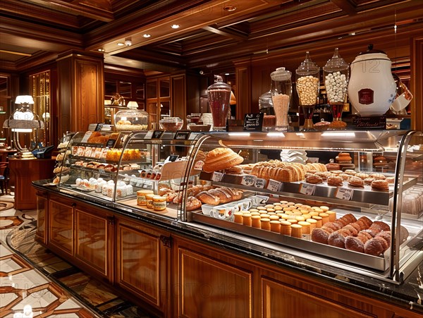 Warmly lit bakery with a variety of pastries displayed in a glass case, wood-paneled walls enhancing its cosy feel, coffee shop, Rome, Italy, AI generated, Europe