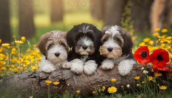 KI generated, animal, animals, mammal, mammals, one, single animal, bobtail, (Canis lupus familiaris), dog, dogs, bitch, dog breed from England, three young animals lying on a log in a meadow