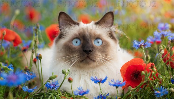 KI generated, animal, animals, mammal, mammals, cat, felidae (Felis catus), a cat lies in a meadow with cornflowers and poppies