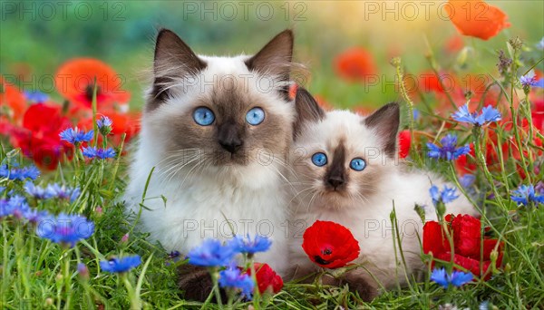 KI generated, animal, animals, mammal, mammals, cat, felidae (Felis catus), a cat and a kitten lying in a meadow with flowers