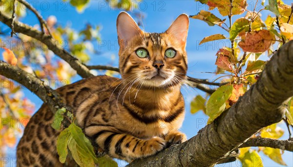 KI generated, animal, animals, mammal, mammals, cat, felidae (Felis catus), a cat resting on a branch in a tree, autumn