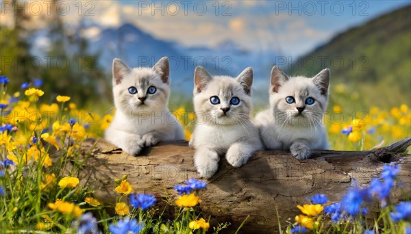 KI generated, animal, animals, mammal, mammals, cat, felidae (Felis catus), three cats resting on a tree, flower meadow