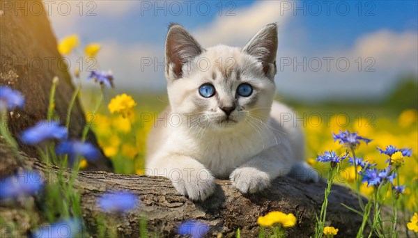 KI generated, animal, animals, mammal, mammals, cat, felidae (Felis catus), a kitten resting in a meadow on a tree trunk