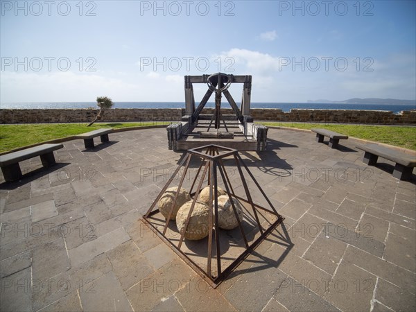 Old siege engine, fortress wall of Alghero, Sardinia, Italy, Europe