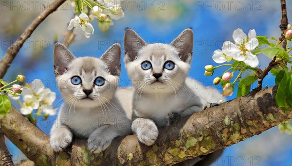 KI generated, animal, animals, mammal, mammals, cat, felidae (Felis catus), two kittens resting in a fruit tree, tree blossom, spring, summer