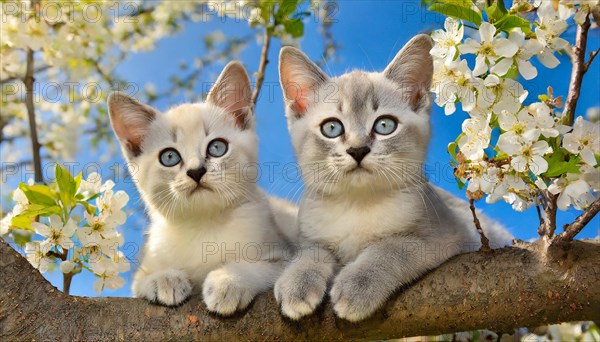 KI generated, animal, animals, mammal, mammals, cat, felidae (Felis catus), two kittens resting in a fruit tree, tree blossom, spring, summer