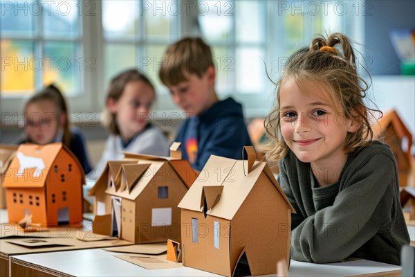 Pupils in a classroom with model houses made from cardboard, visual arts lessons, AI generated, AI generated, AI generated