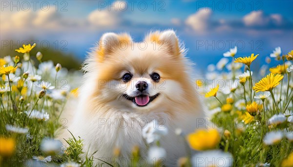 KI generated, animal, animals, mammal, mammals, one, single animal, dwarf spitz, Spitz, (Canis lupus familiaris), dog, dogs, bitch, Pomeranians, flower meadow, summer