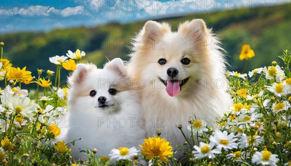 KI generated, animal, animals, mammal, mammals, a, single animal, dwarf spitz, Spitz, (Canis lupus familiaris), dog, dogs, bitch, Pomeranians, bitch with young, puppy, flower meadow, portrait, frontal