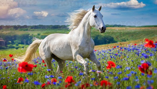 KI generated, A horse, horses, Arabian, in front of a blue sky, thoroughbred Arabian, AV, Arabian thoroughbred, (Eqqus ferus caballus), running in a meadow with colourful flowers