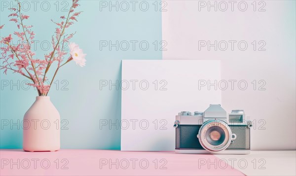 Flat background with blank poster mockup against blue and white wall on pink table AI generated