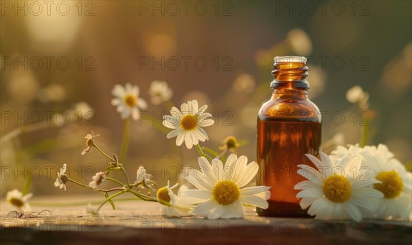 Chamomile essential oil in a dropper bottle, closeup view, skin care cosmetic background AI generated
