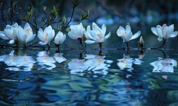 Magnolia blossoms reflected in the still waters of a tranquil pond. Magnolia blossoms touch water surface AI generated