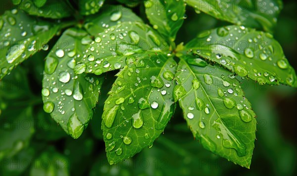 Raindrops on fresh green leaves, close up view of spring green leaves, nature background AI generated