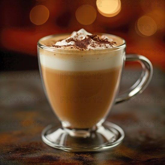 A warm latte in a glass cup topped with whipped cream and cocoa powder, with a bokeh background, AI generated