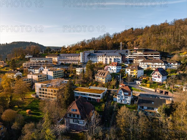 Urban panorama with houses and a large hospital complex, Calw, Black Forest, Germany, Europe