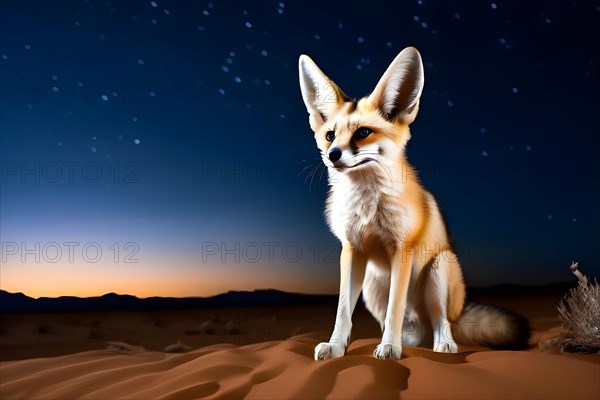 Fennec fox with perked ears traversing the saharan sands under moonlit, AI generated