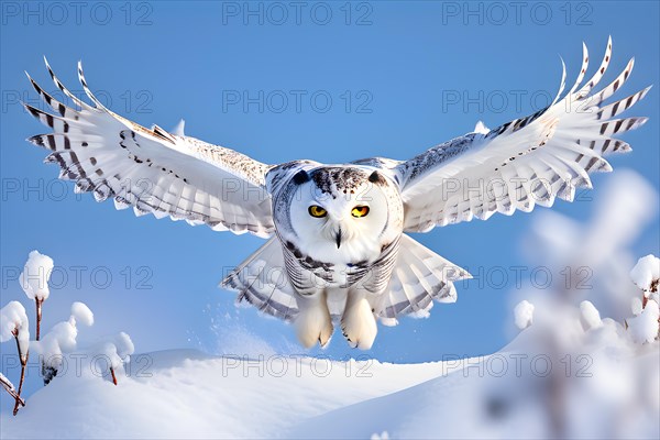 Snowy owl in flight in tundra, AI generated