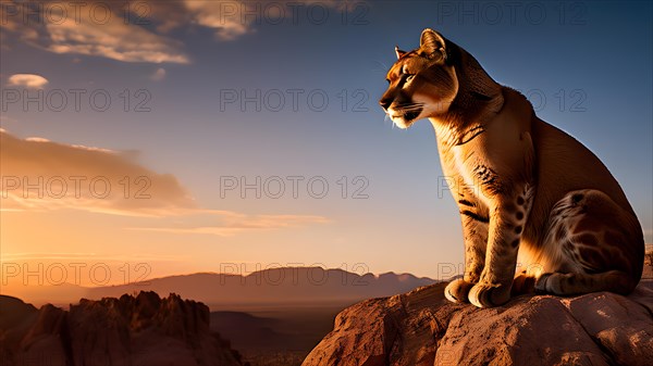 Puma perched atop a rugged rocky outcrop surveilling vast arid expanse of atacama desert, AI generated