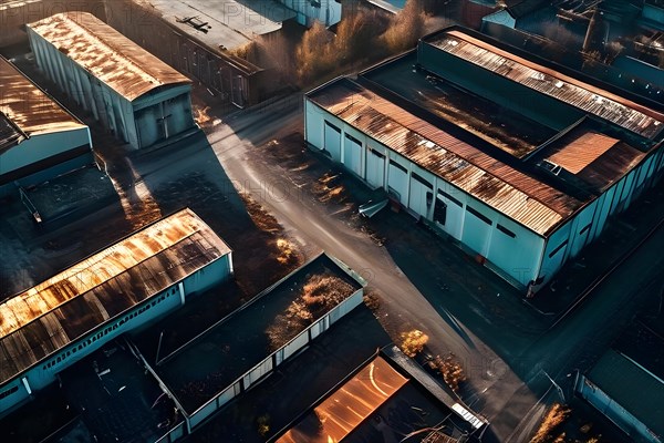 Drone shot of the vast expanse of an abandoned factory complex, AI generated