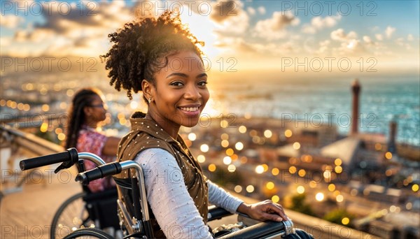 Cheerful woman in a wheelchair on a harbor at sunset with a radiant smile, AI generated