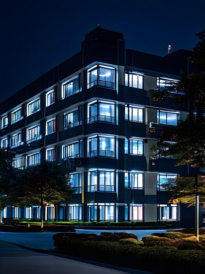 Modern hospital complex at night with lights in various windows, AI generated, modern, architecture