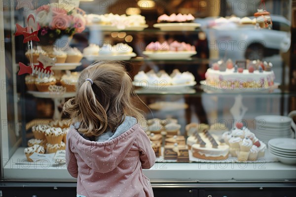 Young girl child looking at various cakes through shopping window of pastry shop. KI generiert, generiert, AI generated