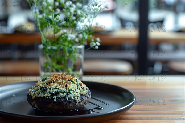 Chocolate dessert on a black plate with a green plant in the background, on a wooden table, AI generated