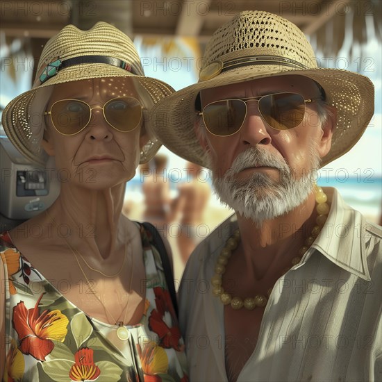 An elderly couple in sunglasses and straw hats look seriously into the camera, beach in the background, AI generated