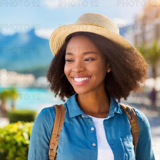 Happy woman in a straw hat and denim shirt enjoying a sunny day of travel with a backpack, blurry moody landscaped background with bokeh effect, AI generated