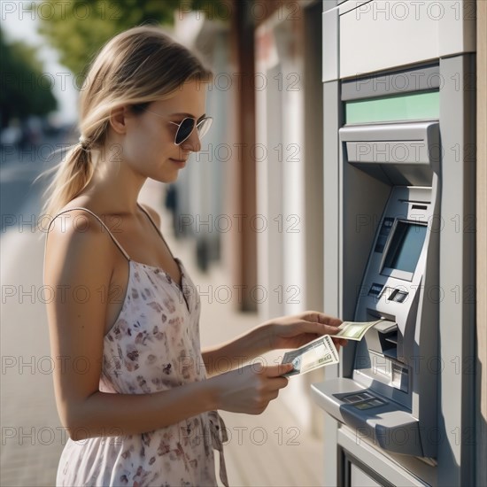 Relaxed young woman withdraws money from a sunny ATM, AI generated
