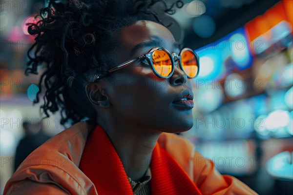 Fashionable woman with sunglasses reflecting vibrant neon lights, urban setting, AI generated