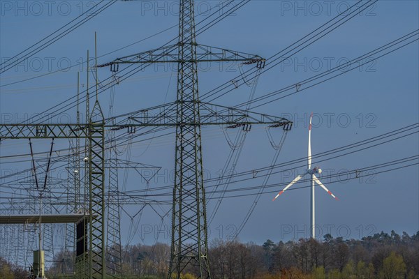 Stendal West substation with wind turbines in the background near Luederitz, Stendal, Saxony-Anhalt, Germany, Europe