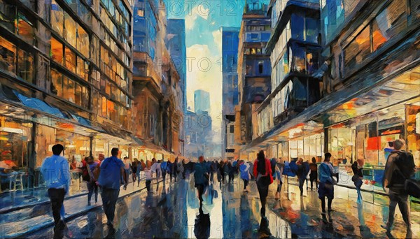 Digital impressionist painting of a bustling city street with vibrant colors, rush hour commuting time, sunset, blurry cityscape, bokeh effect, AI generated